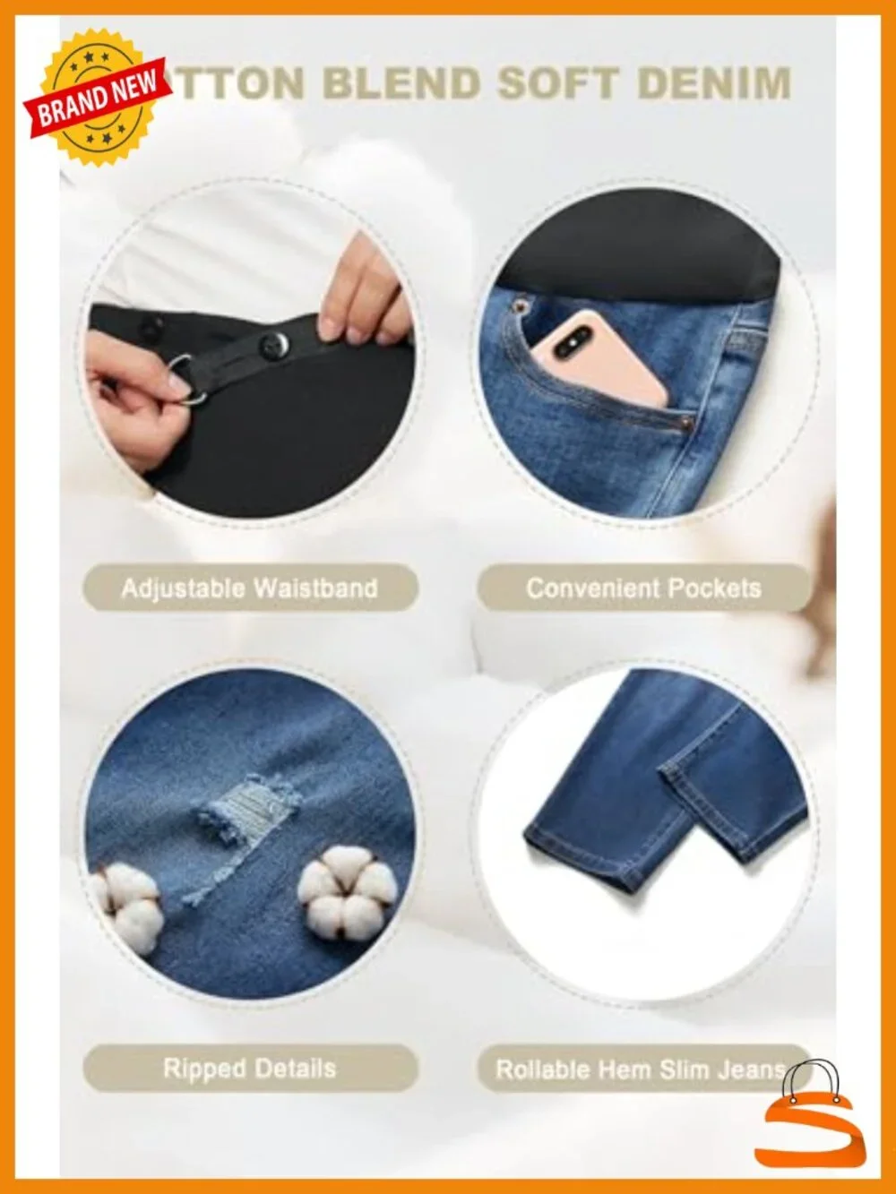 Over Belly Maternity Jeans Ripped Denim Adjustable Waistband